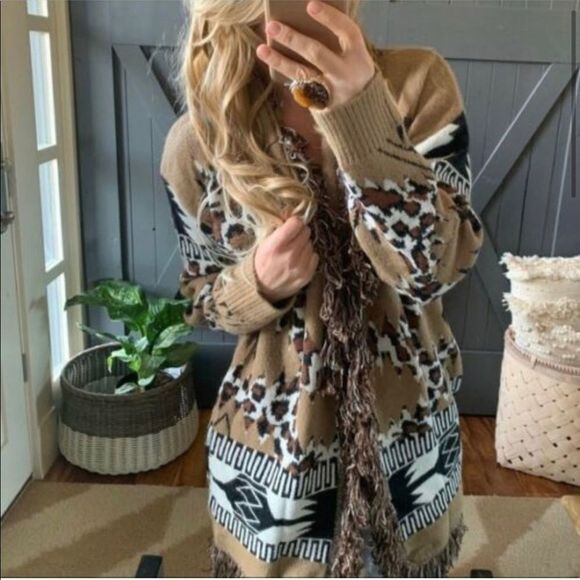 New Trendy Boho Western Flare Animal Print Oversized Leopard Cardigan Sweater - Picture 8 of 11
